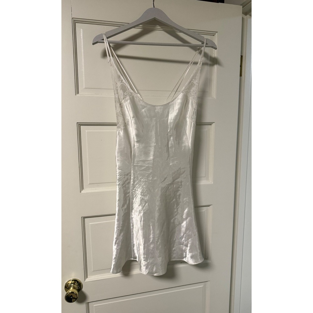 Victoria's Secret White Satin‎ Lace Trim Strappy Back Slip Dress Chemise Large